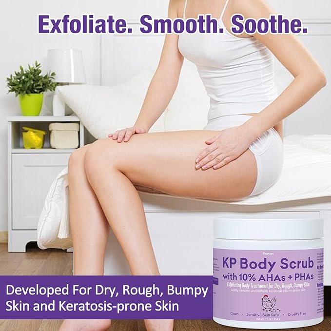 KP Body Scrub for Keratosis Pilaris | 10% AHA + PHA | Smooth Rough, Dry, Bumpy Skin | Exfoliating Body Scrub with Glycolic & Lactic acids | Gentle, Clean Formula | Sensitive Skin Safe, 16 oz, 453g