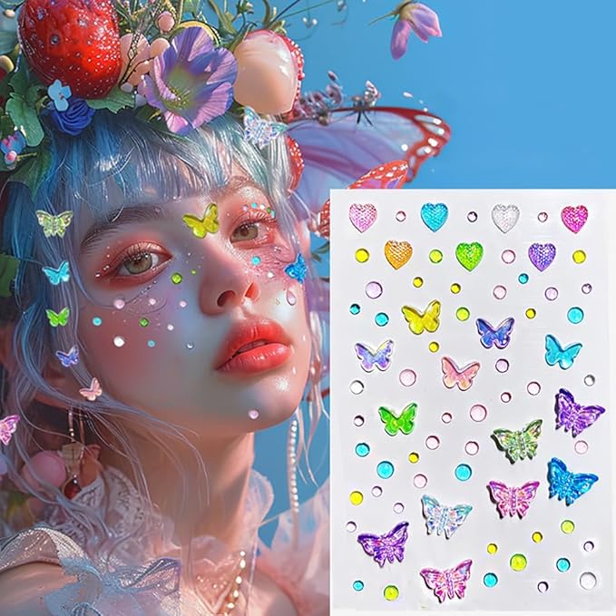 Butterfly Face Gems Glitter Tattoo for Eye Corner and Forehead Bindi Rhinestone Face Jewelry Rave Party Decorations For Women Kids, 3-Pack