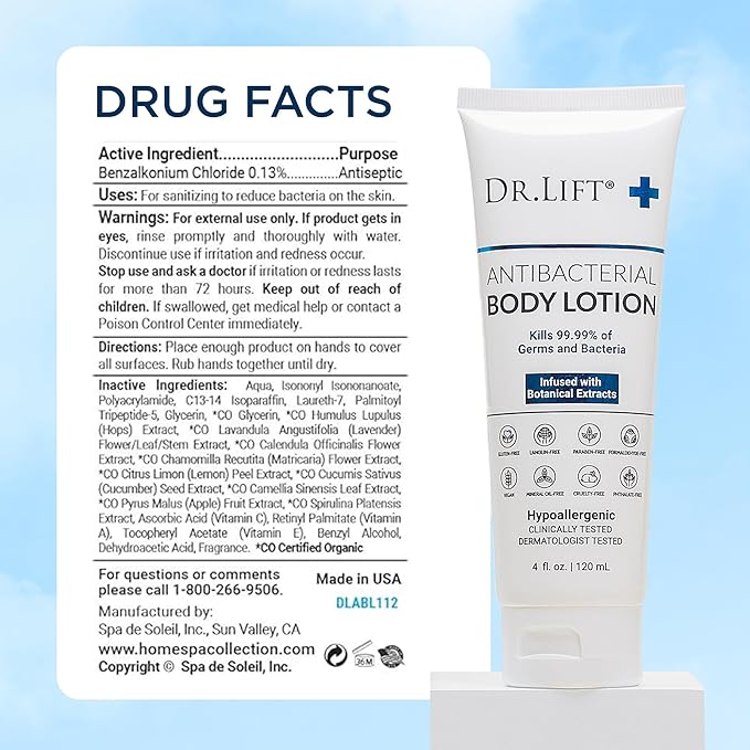 DR. LIFT Antibacterial Body Lotion, Hypoallergenic Formula with Vitamin C & E, Calendula and Chamomile, Gentle on Skin, Non Greasy and Fast Absorbing, Vegan, Paraben Free, Mineral Oil Free, 4 Fl Oz