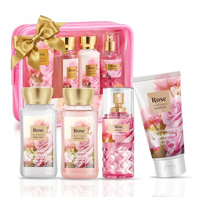 Rose Spa Gift Set For Women - 4PCS Luxury Bath and Body Kit with Shower Gel, Body Scrub, Lotion & Body Mist - Portable Travel Size Self Care Gift for Mom, Wife, Teens, Friends or Her