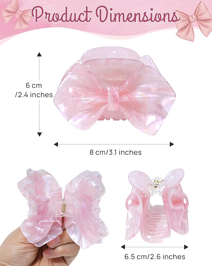 ACECHA Cute Bow Claw Clip - 3.1 Inch Sparkly Hair Claw Clips for Women, Non-slip Hairclips for Thin and Thick, Elegant Hair Accessories for Wedding Prom Party (Pink)