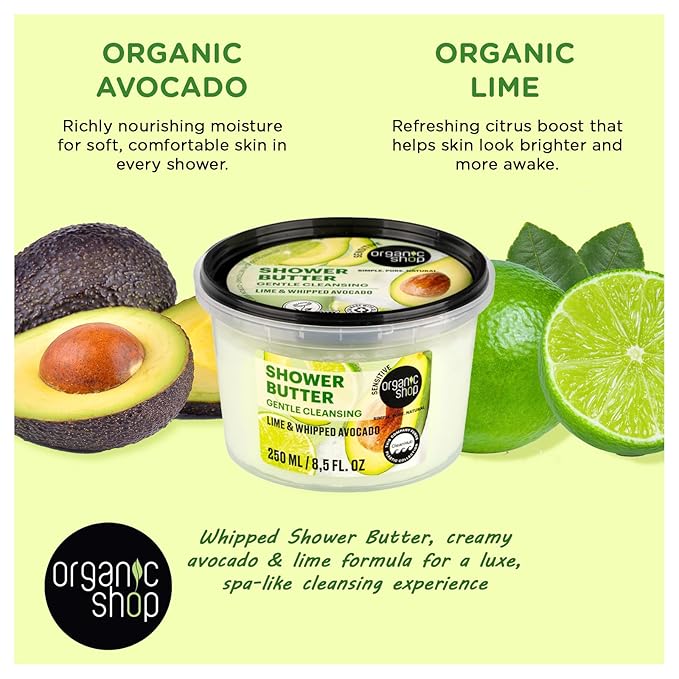 Organic Shop Shower Butter Whipped Avocado & Lime, 99% Natural, COSMOS Natural, Vegan Body Wash, Moisturizing Shower Cream, Gentle pH Balanced Cleanser, Paraben Free, Made in Europe, 8.5 fl oz