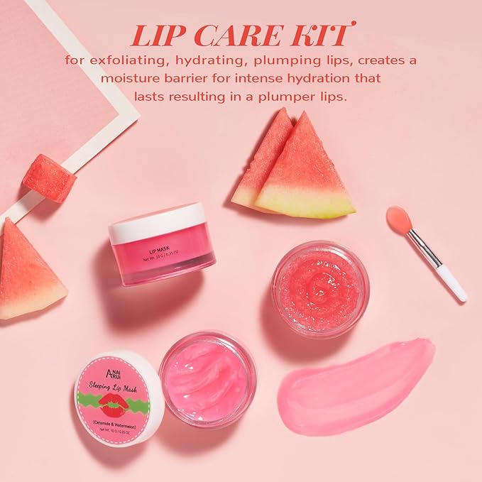 Hydrating Lip Mask Set, Lip Scrub & Lip Butter, Overnight Lip Treatment Set Enriched With Ceramide, Watermelon and Shea Butter, For A Softer & Smoother Lips, Overnight Lip Mask Gifts Kit