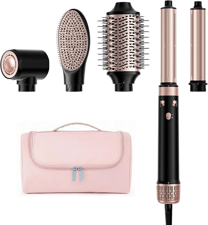 MESCOMB Dual Voltage Hair Dryer Brush - 5 in 1 Hot Air Styler Wrap with Auto Wrap Curlers, Fast Drying, Straightening & Volumizing, 100V–240V Global Travel with Storage Bag-Black