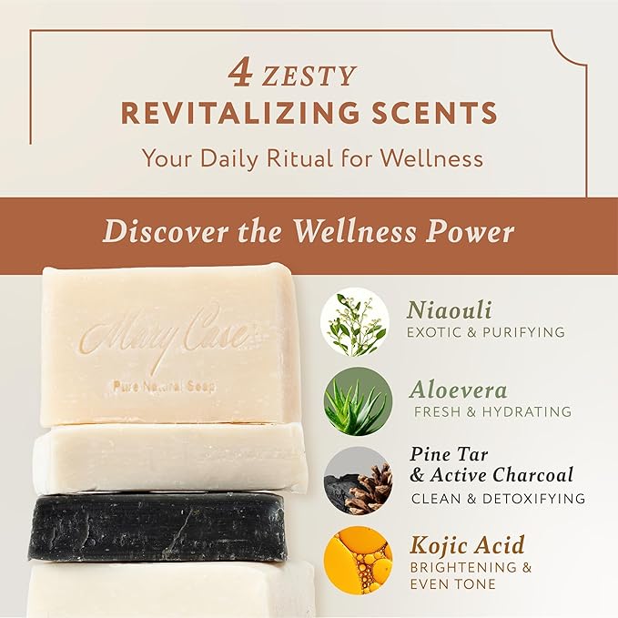 Mary Case Wellness Variety Bar Soap Set of 4 | Kojic Acid, Pine Tar, Niaouli & Aloe Vera Natural Soaps | Bath Soap for Men & Women | Hydrating, Soothing & Skin-Healing Bars