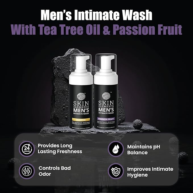 Skin Elements Men's Intimate Wash Combo | Pack of 2 | Jabon Intimo Hombre | Tea Tree Oil + Passion Fruit | pH Balanced Foaming Wash | Soothes, Refreshes & controls Bad Odor | (240 ml)