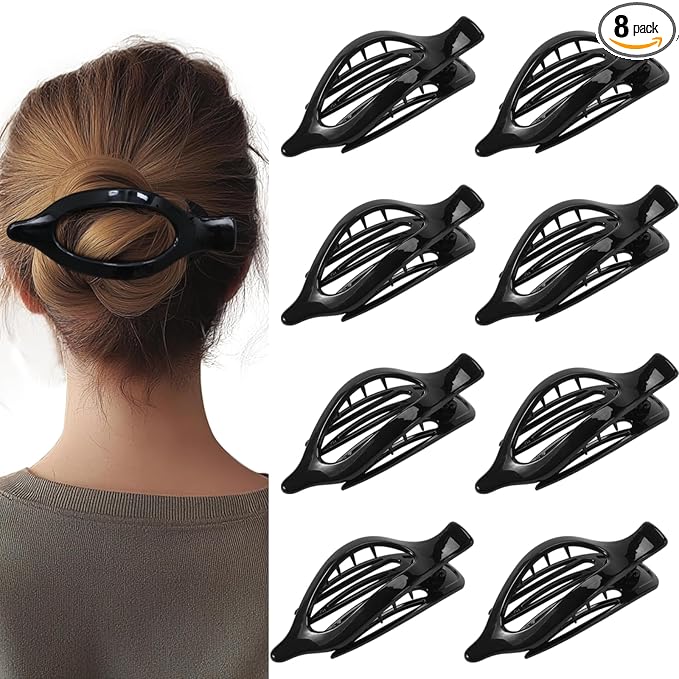 8 Pack Glossy Black Flat Hair Clips for Women – High-Shine Non-Slip Claw Clips, Strong Hold Minimalist Hair Accessories for Work, Travel, or Daily Styling