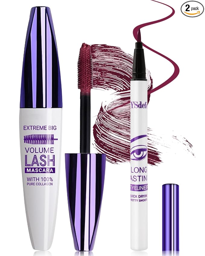 Burgundy Mascara Liquid Eyeliner Set,Update Longlasting Waterproof Color Eye Liner Pen, 5D Silk Fiber Colored Mascara Volume and Length,Women's Day Party Stage Eye Makeup Gift Kit for Women Girl-08