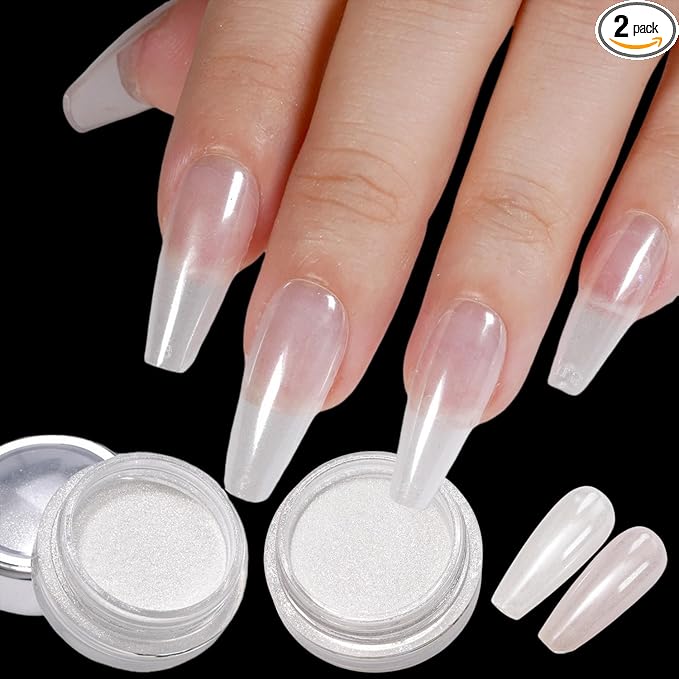 2Pcs White Chrome Nail Powder, Pearl Nail Chrome Powder Magic Clear Mirror Effect Nail Glitter White Shimmer Pigment Dust for Nails Art Design