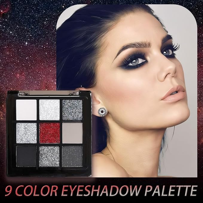CAKAILA Smokey Black Red Eyeshadow Palette,9 Colors Dark Shimmer Matte Metallic Makeup Pallet,Make Up Kit for Halloween Parties Christmas Joker Vampire Clown,Long Lasting Waterproof