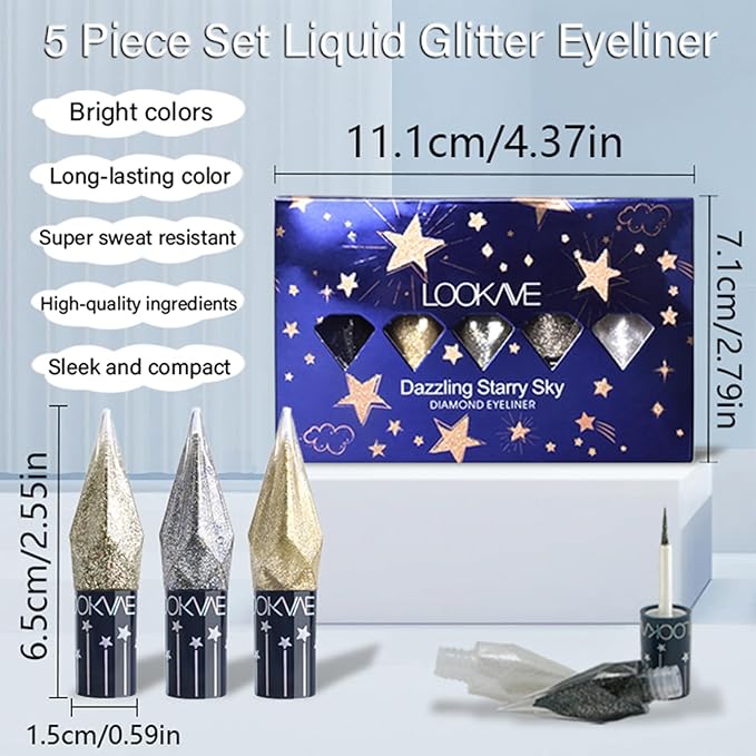 Glitter Eye Liner Liquid, 5 Colors Sparkling Diamond Metallic Eyeliner - Gold, Black, Silver, White - Waterproof Lasting Shimmer & Eyeshadow Fluid, Dazzling Eye Makeup for Women