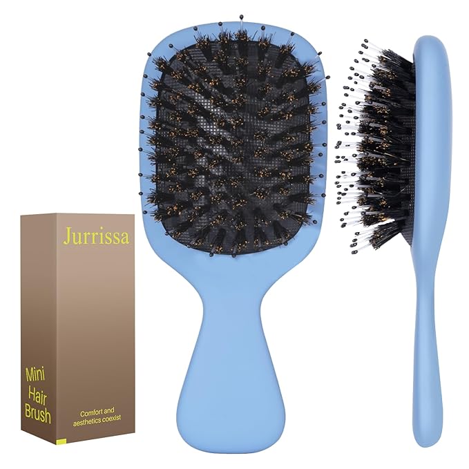 Mini Boar Bristles Hair Bursh, Travel Size Hair Brush for Women Men Kids, Protable Small Hair Brush for Pockets Purses, Mini Detangler Brush for Smooth Add Shine(Blue)