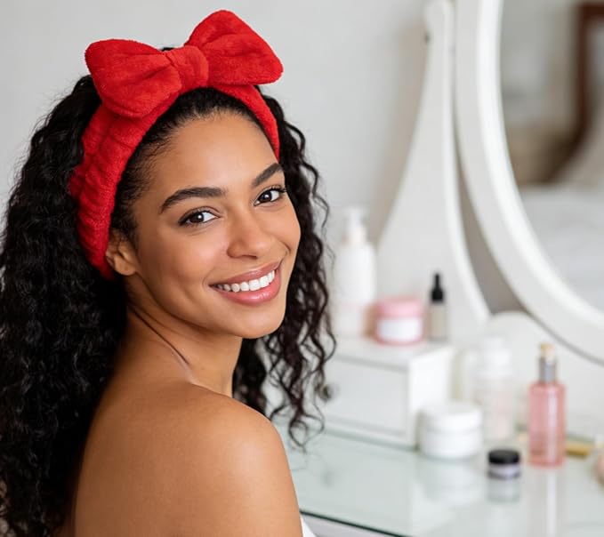 Casoty 10 Pcs Red Makeup Headbands, Hair Band for Washing Face, Soft Coral Fleece Makeup Headband for Women Girls, Bow Hair Bands, Towel Headbands for Face Washing Shower Skin Care Yoga