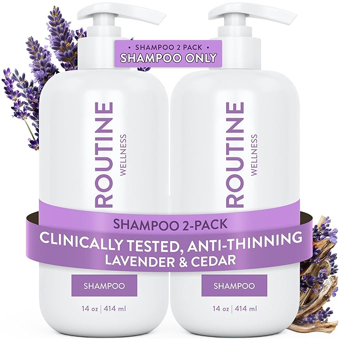 Routine Wellness Anti-Thinning Shampoo for Thinning Hair - Biotin DHT Blocker Women & Men - Color Safe for Hair Loss & Healthy Hair - Lavender & Cedar 14oz (Pack of 2 Shampoo)