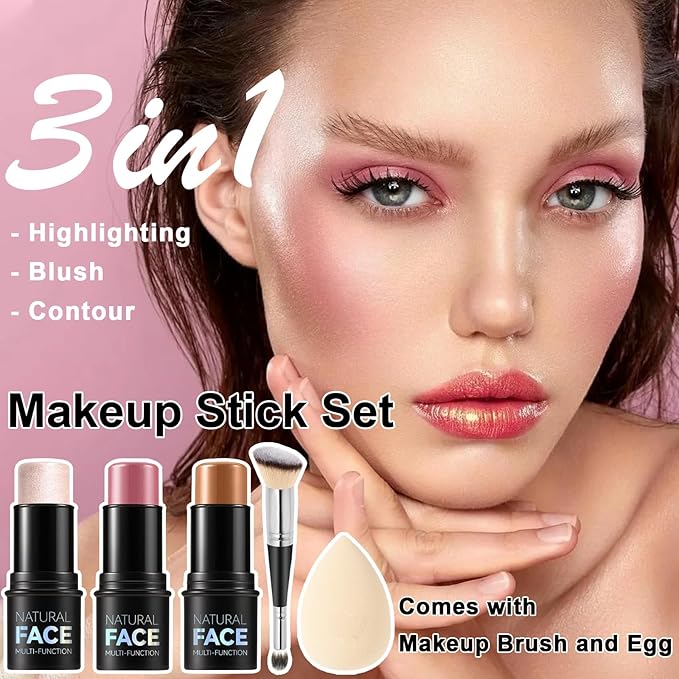 3Pcs Cream Contour Stick Makeup Kit, Shades with Highlighter, Blush and Bronzer Contour Stick for Sculpt the Cheeks, Long Lasting, Waterproof, Matte & Dewy Finish (F)