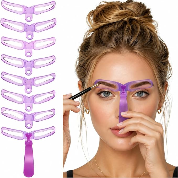 8 Styles Eyebrow Stencil Kit with Handle & Adjustable Headband for Beginners & Women, Reusable Washable Eyebrow Shaper Template for Daily Makeup Application, Functional Brow Stencil