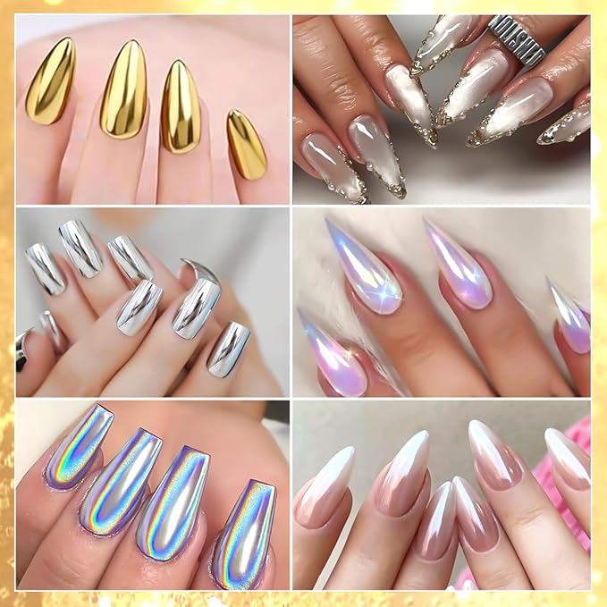 6 Colors Chrome Nail Powder,Gold Silver Super Metallic Effect Chrome Powder for Nails,Holographic Mirror Glitter White Pearl Pigment Dust Kit for Gel Polish Nail Art Decoration Manicure Nail Supplies