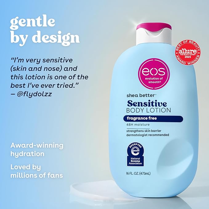 eos Shea Better Sensitive Skin Body Lotion - Fragrance-Free, 48-Hour Moisture Eczema Cream & Dry Skin Relief, Vegan, 16 fl oz (Packaging may vary)