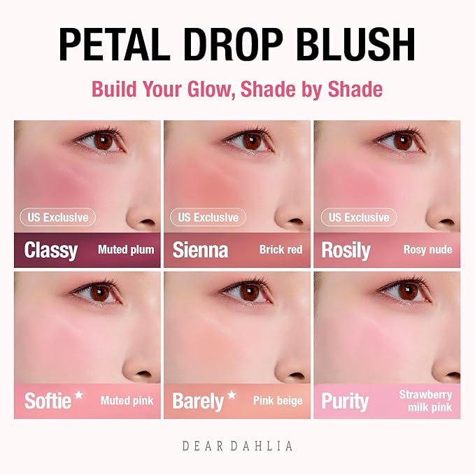 DEAR DAHLIA Petal Drop Liquid Blush (Purity) - Natural Dewy Glow Serum Blush, Buildable & Blendable, Sheer Watercolor Finish, Vegan Korean Makeup for Cheeks, 0.14 oz
