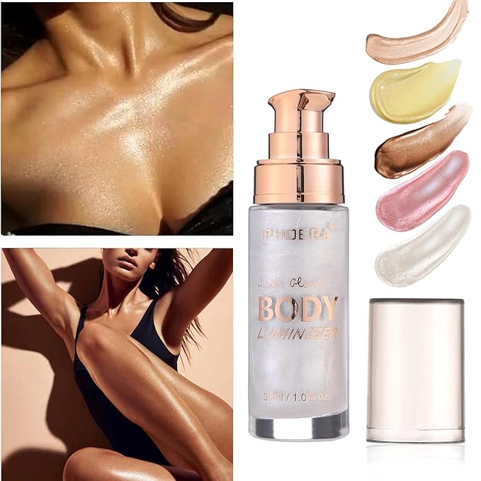 Body Shimmer Oil, Diamond Platinum Natural Glow Luminizer, Long Lasting Moisturizing Liquid Illuminator Highlighter Makeup for a Sun-Kissed Glow, Brush Include, 1oz, Light Fair