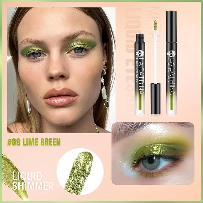 Bright Green Metallic Liquid Eyeshadow, High Impact Sparkle Green Eyeshadow for Blue Eyes, Long Lasting Quick-Drying Shimmer Eye Shadow Eyeliner Makeup for Daily, Party, Holiday, No Fading, Vegan #09