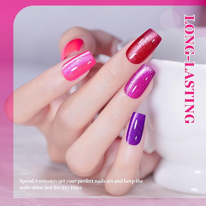 RARJSM Neon Cat Eye Gel Polish Set 6 Pcs Sparkle Diamond Glitter Hot Pink Rose Red Fuchsia Purple Ocean Navy Blue Green Fluorescent Velvet Ice Cateye Gelpolish with Magnet Stick Curing Requires