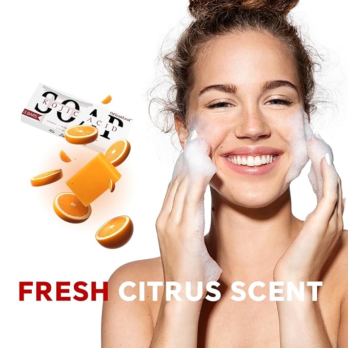 ORIENTLEAF Kojic Acid Soap, Turmeric Soap Bar for Dark Spots, Fresh Citrus Scent, Gentle for Face and Body Wash with Vitamin C, Shea Butter, Retinol, Gifts for Women (3 PACK)