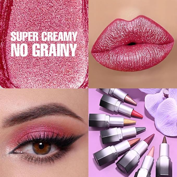 evpct Rose Red Shimmery Metallic Lip Liner and Lipstick Combo, Cone Tip Lip Crayon for Women Long Lasting Waterproof, Shinny Hydrating Lipstick Makeup, Glitter Lips Liner Pencil for Shimmery Shade
