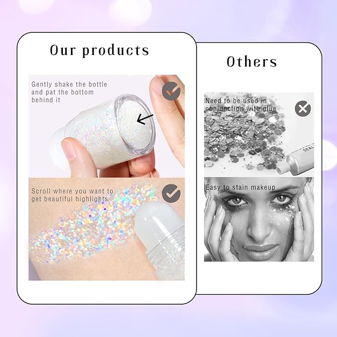 HOSAILY Roll-on Holographic Body Glitter Gel for Face Hair, Chameleon Color Changing Glitter Gel Under Light, Chunky Mermaid Sequins Festival Party Rave Accessories Shimmer Makeup (Dazzle)
