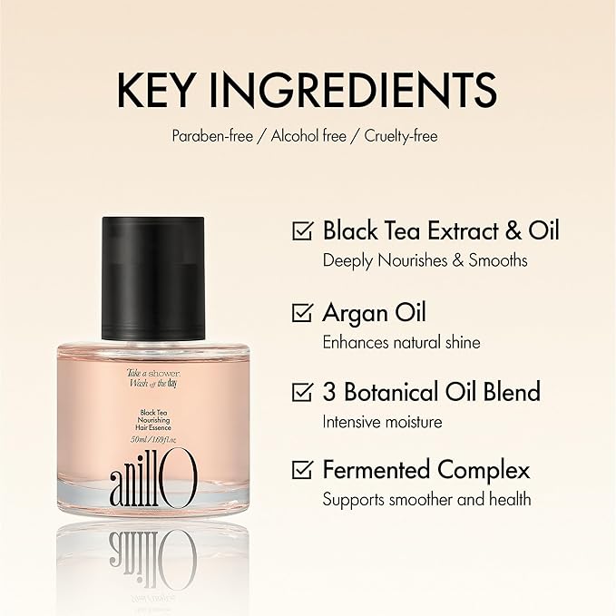 ANILLO Black Tea Nourishing Hair Essence with Green Tea Oil, Protein & Biotin for Nourishment and Shine - Creamy Woody Scent, Vegan, Paraben-Free 50ml / 1.69 fl. Oz