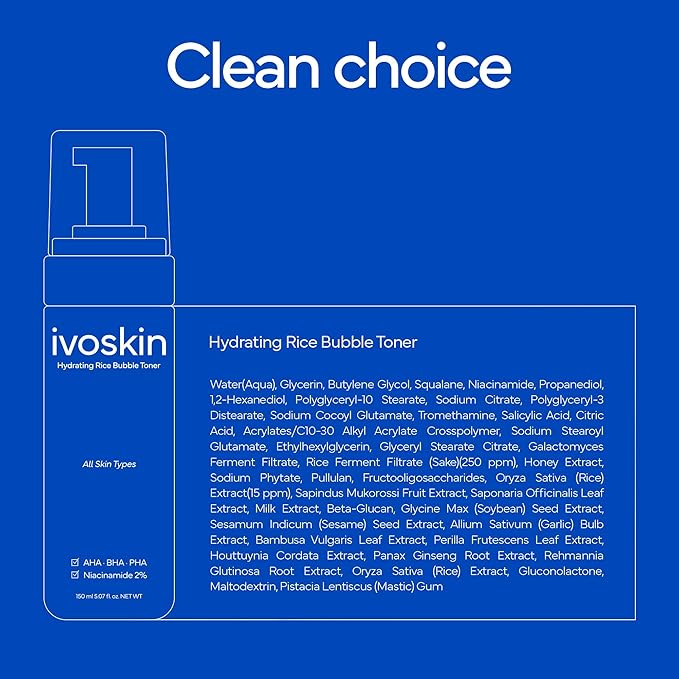 IVOSKIN Rice Milky Bubble Facial Mask, Soothing & Hydrating Face Toner with Black Rice Extract & Niacinamide, Helps Support Skin Barrier and Glow for Sensitive Skin, Korean Skincare (5.07fl oz/ 150ml)