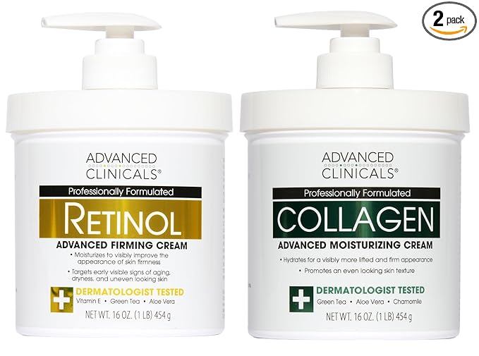 Advanced Clinicals Retinol Body Lotion + Collagen Cream Fragrance Free Face Moisturizer & Body Cream 2pc Skincare Set For Women & Men Helps Reduce Appearance Of Crepey Skin, Wrinkles, & Dry Skin, 2pc