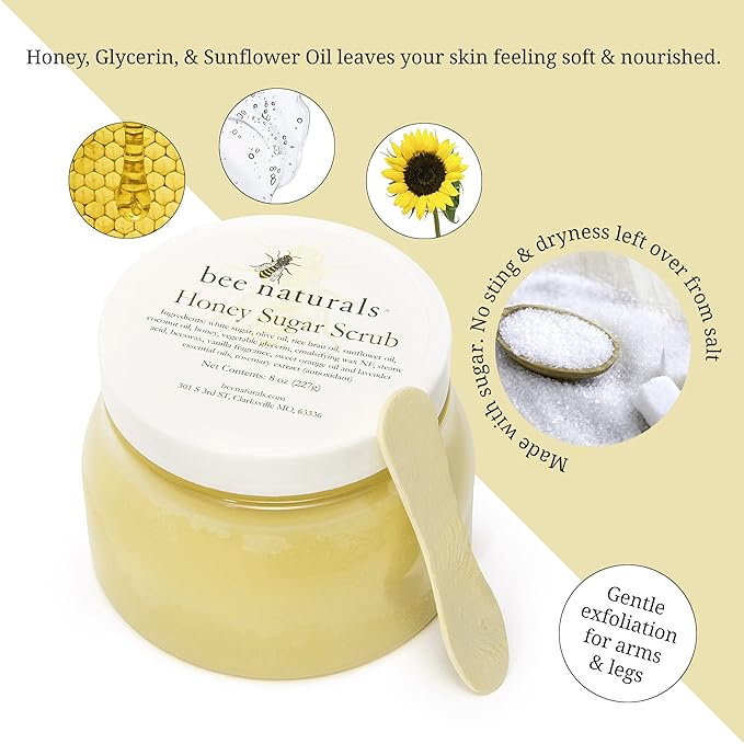 Luxurious Honey Sugar Scrub 8oz – Gentle Exfoliating Blend for Face, Body & Feet with Honey, Coconut & Essential Oils – Nourishing Moisture with Signature Vanilla Fragrance for Radiant Skin