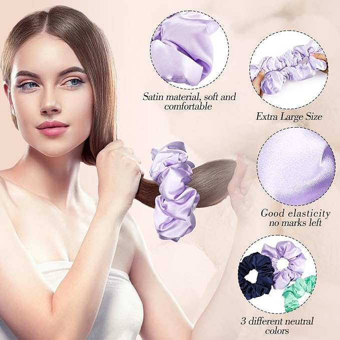 3Pcs Satin Hair Scrunchies, Large Sleepy Hair Tie for Thick Curls Ponytail Holders Purple Scrunchie Mothers Day Gifts