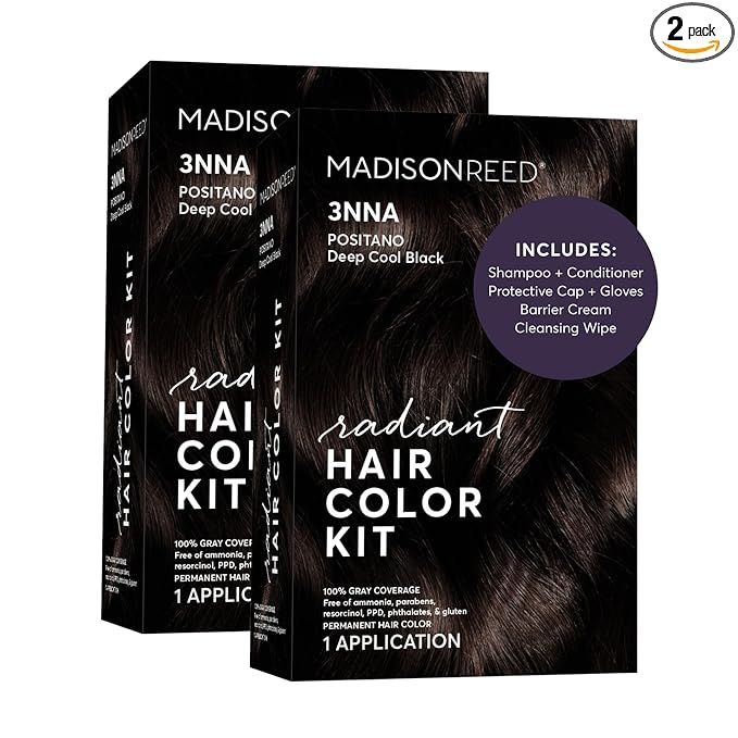 Madison Reed Radiant Hair Color Kit - 3NNA Cool Black-Brown with Ash Undertones (Positano Black), Dimensional Gray Hair Blending Permanent Hair Dye, PPD-Free & Ammonia-Free, 2 Pack