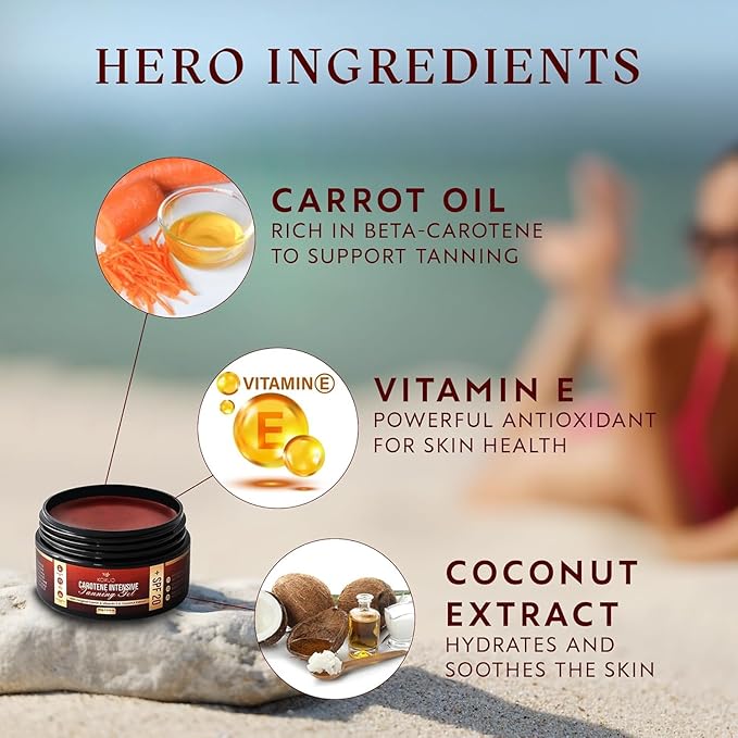 Carotene Tanning Gel for Deep Natural Tan – Tanning Accelerator with Coconut Oil, Carrot Extract & Vitamin E – Bronzing Body Moisturizer for Indoor & Outdoor Use 100g