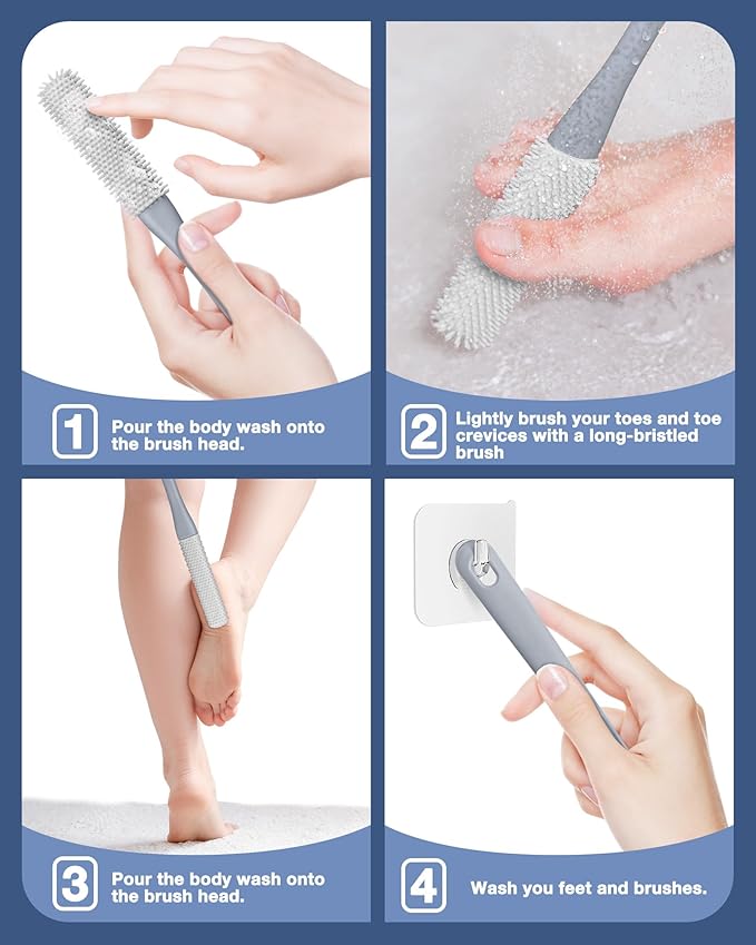 Toe Cleaning Brush,Foot Scrubber for Shower with 15.7" Long Handle Soft Silicone Cleaning Shower Brush Foot Care for Seniors,Elderly, Men and Women (Grey)