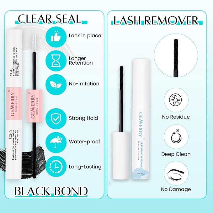 GEMERRY Lash Clusters Kit 1733Pcs Fluffy Lash Clusters Thick Eyelash Clusters Eyelash Extension Kit with Waterproof Bond and Seal Tweezers for Beginners(30D-200D+Spike+Bottom)