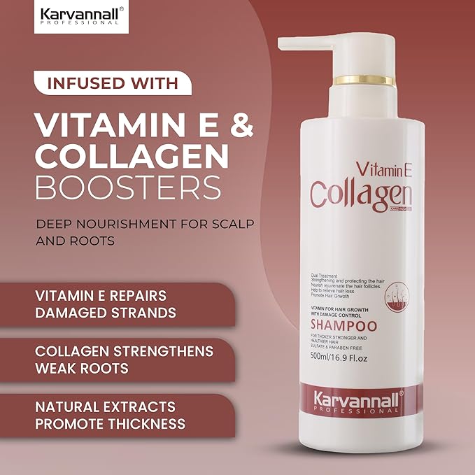 Vitamin E & Collagen Shampoo | Anti Hair Loss, Damage Repair & Growth Formula | Sulfate Free Hair Thickening Shampoo for Daily Use, All Hair Types | 500 ml / 16.9 Fl Oz