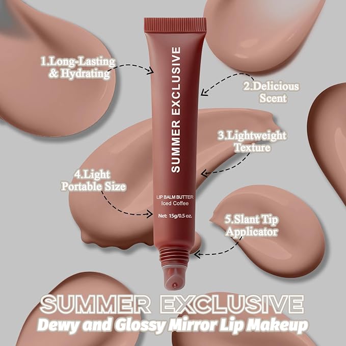 Summer Butter Lip Balm, Hydrating Plumping Clear Serum, Natural Glow Non-Sticky Transfer-Proof, Nourishing for Dry Lips, Women-Focused Lip Care with Shea Butter (#Iced Coffee, 1Pcs)
