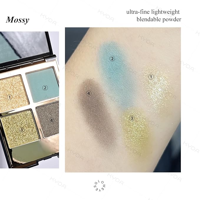 KYDA 4 Colors Eyeshadow Palette, Olive Green Golden Glitter Eyeshadow, Matte Cyan Blue Eye Shadow, Shimmer Pearl Brown Eyes Shadow Palette, Ultra-fine Lightweight, High Pigment Smoky Eyes Makeup