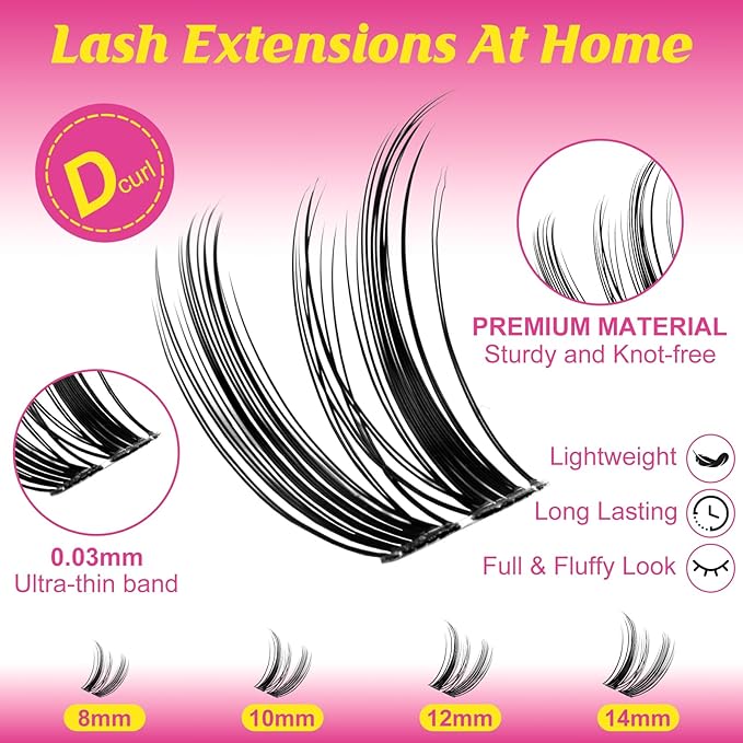 Wispy Lash Clusters DIY Lash Extension Kit Natural Eyelash Clusters D Curl 8-14mm with Bond, Seal, and Remover - Invisible Band Lashes Clusters, Spike False Eyelashes, Freya Short-Kit