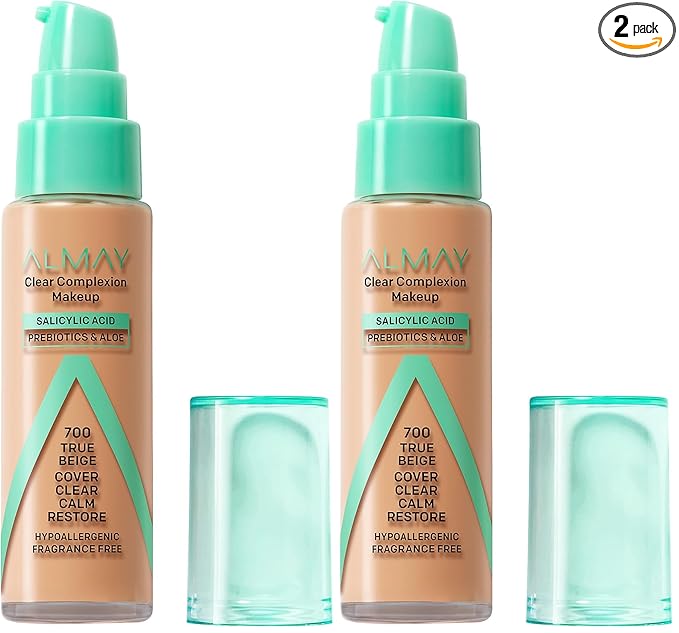 Almay Clear Complexion Acne Foundation Makeup with Salicylic Acid - Lightweight, Medium Coverage, Hypoallergenic, Fragrance Free, for Sensitive Skin, 700 True Beige, 1 fl oz. (Pack of 2)