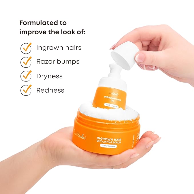 Bushbalm Ingrown Hair and Razor Bumps 2-Step Routine - Moisturize and Calm - Ingrown Hair Oil (30 ml) and Exfoliating Scrub (236 ml) - Vanilla Tangerine