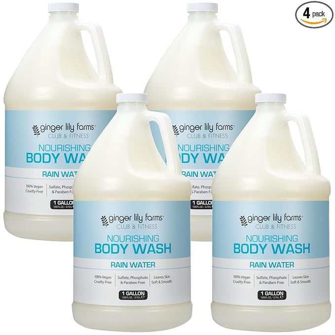 Ginger Lily Farms Club & Fitness Nourishing Body Wash, 100% Vegan & Cruelty-Free, Bath & Shower Gel for Men and Women, Rain Water Scent, 1 Gallon (Pack of 4)