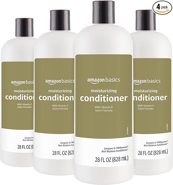 Amazon Basics Moisture Rich Conditioner for Dry and Damaged Hair, Nourishing, Softens, with Vitamin E, 28 Fl Oz (4-Pack)