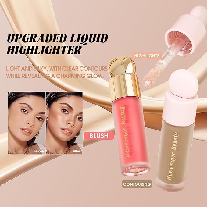 Liquid Contour,Liquid Highlighter, Blush with Face Brush Long Lasting Smooth Lightweight Smudge Proof Contour+ Blush+ Highlighter