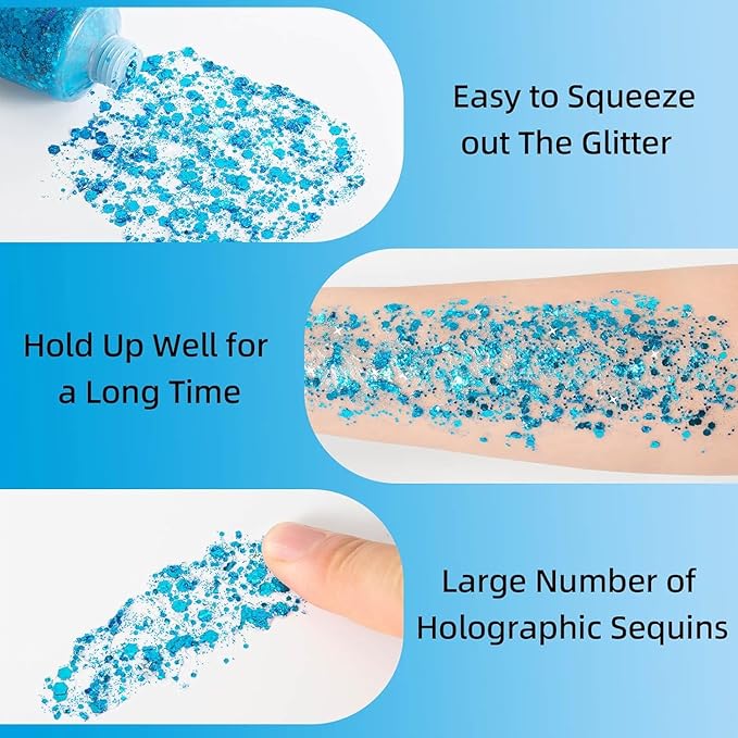 Mermaid Sequins Chunky Glitter Liquid Eyeshadow Glitter Body Gel Festival Glitter Cosmetic Face Hair Nails Makeup Long Lasting Sparkling 30g (#106 Light Blue)