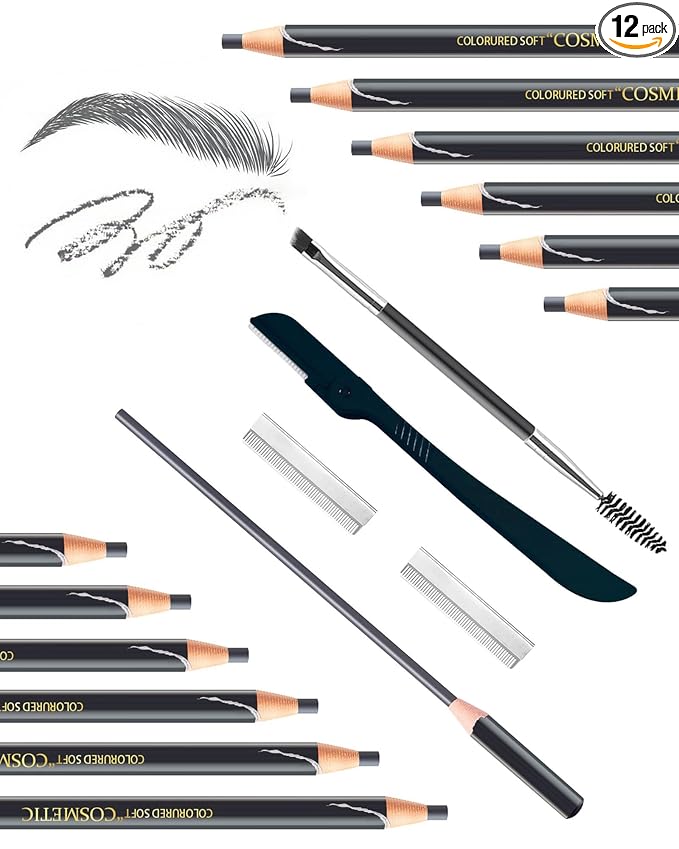 12 Piece Gray Waterproof Eyebrow Pencils for Women w/Microblading Eyebrow Pencil & Brow Trimming Supplies Kit Permanent Eye Brow Liners Set For Salon-Quality Shaping & Filling Of Marks