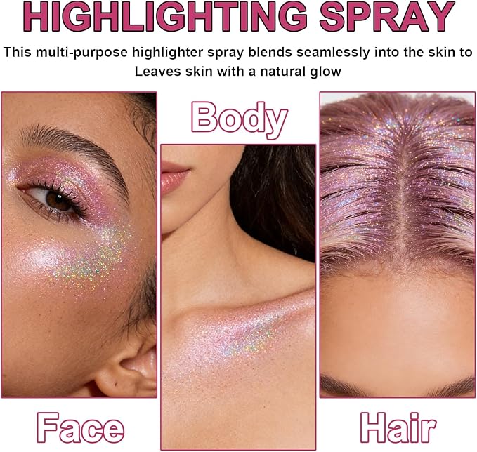 Hair and Body Glitter Spray, Shimmering Powder Sparkle Powder Makeup, Glitter Loose Sparkle Makeup for Body Highlighter,Festival Prom Rave Accessories (Metallic Beauty Beam)